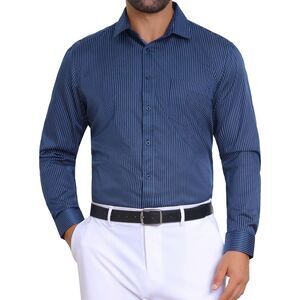 Button Down Long Sleeve Formal Business Printing Dress Shirt Dark Blue